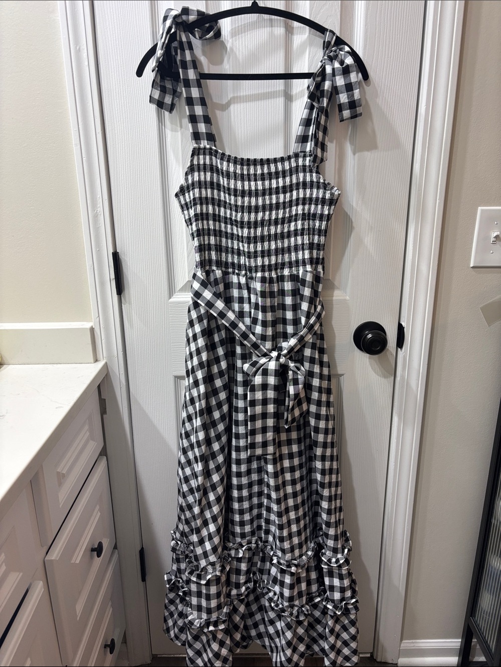 Black & White Gingham Tie-Shoulder Maxi Dress